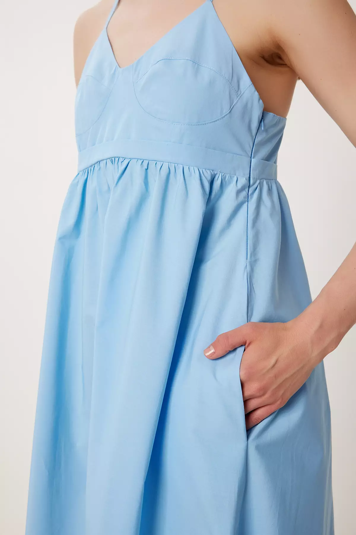 Women's Sky Blue Strap Summer Midi Poplin Dress Fk00037