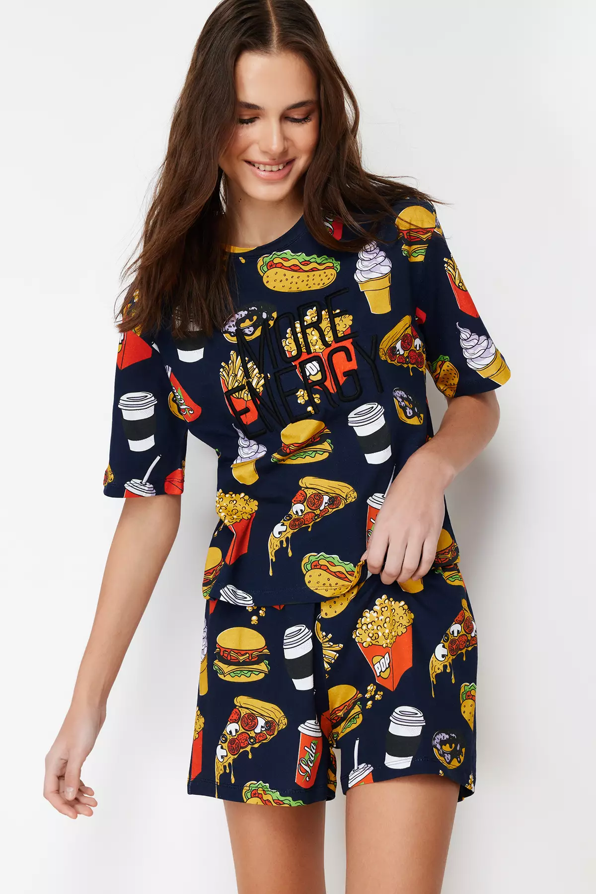 Navy Blue-Multi Colorful Slogan Embroidered Knitted Pajama Set With Shorts