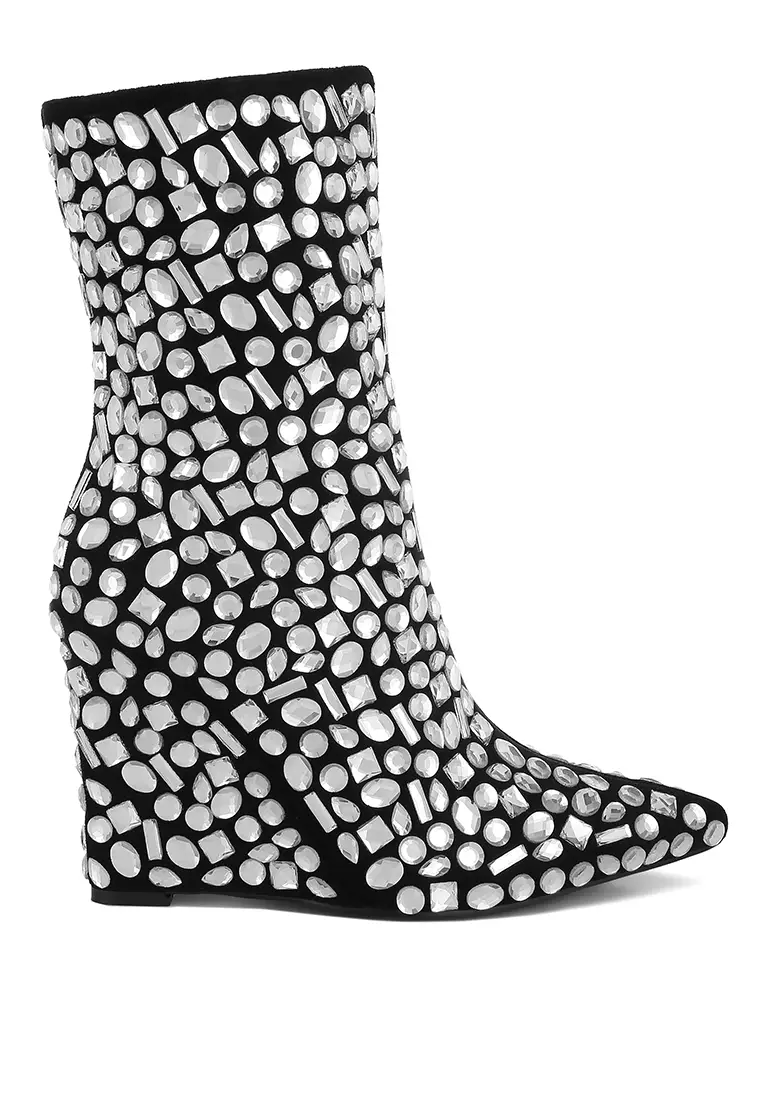 Discount on London Rag  shoes - SKU: Diamante Slim Wedge Heel Boots in Black