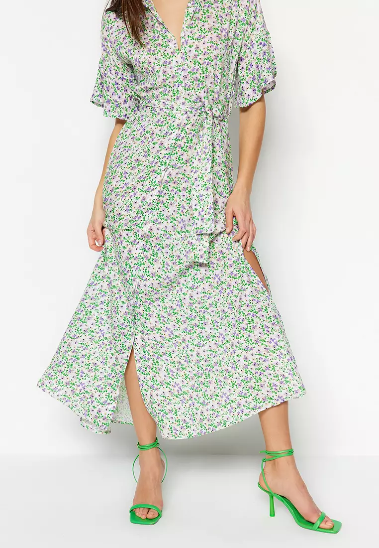 Belted Midi Print Shirt Dress