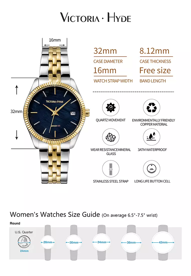 Women's Watch 32mm Round Black River Scallops Dial Stainless Steel Strap Calendar Function Rose Mary- Black