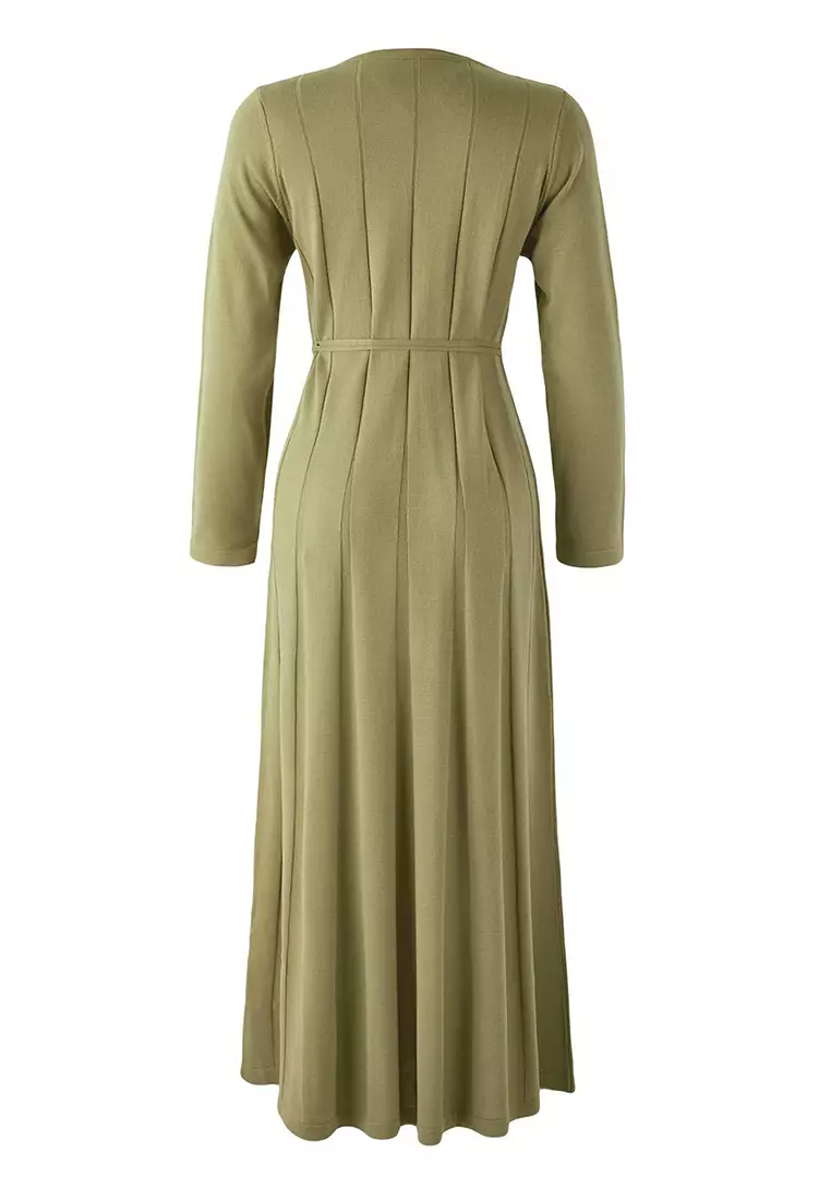 Khaki Oil Green Thin Belted Pleated Knit Dress