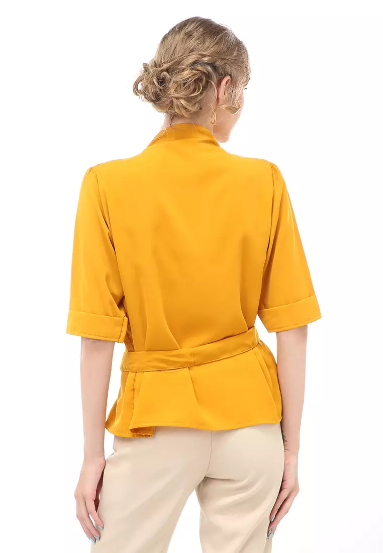 Cheva Blouse Atasan Wanita Kasual Model Tali Ikat Pinggang Material Wolfis ORIGINAL - Mustard