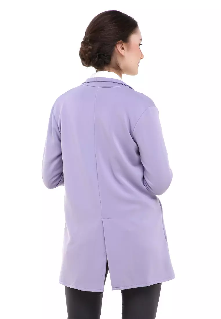 Qemsya Blazer Wanita Two Pockets Two Tone Casual Longsleeve Outer Material Bubbly Strecth ORIGINAL - Lilac