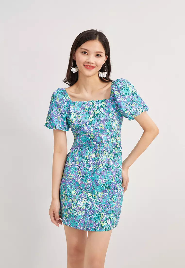 Square Neck Floral Button Mini Dress