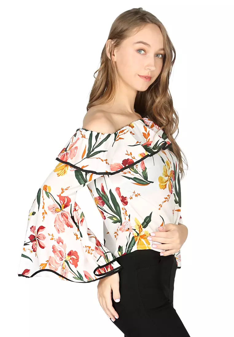 Buy London Rag White Floral Print Off Shoulder Flared Sleeve Top in White  2024 Online