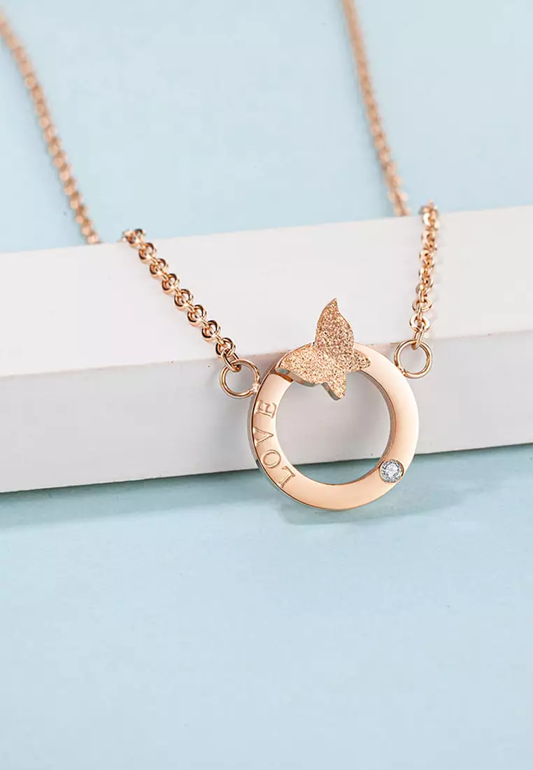 Butterfly in Love Necklace in Rose Gold Plated Titanium with Genuine 0.005ct Diamond