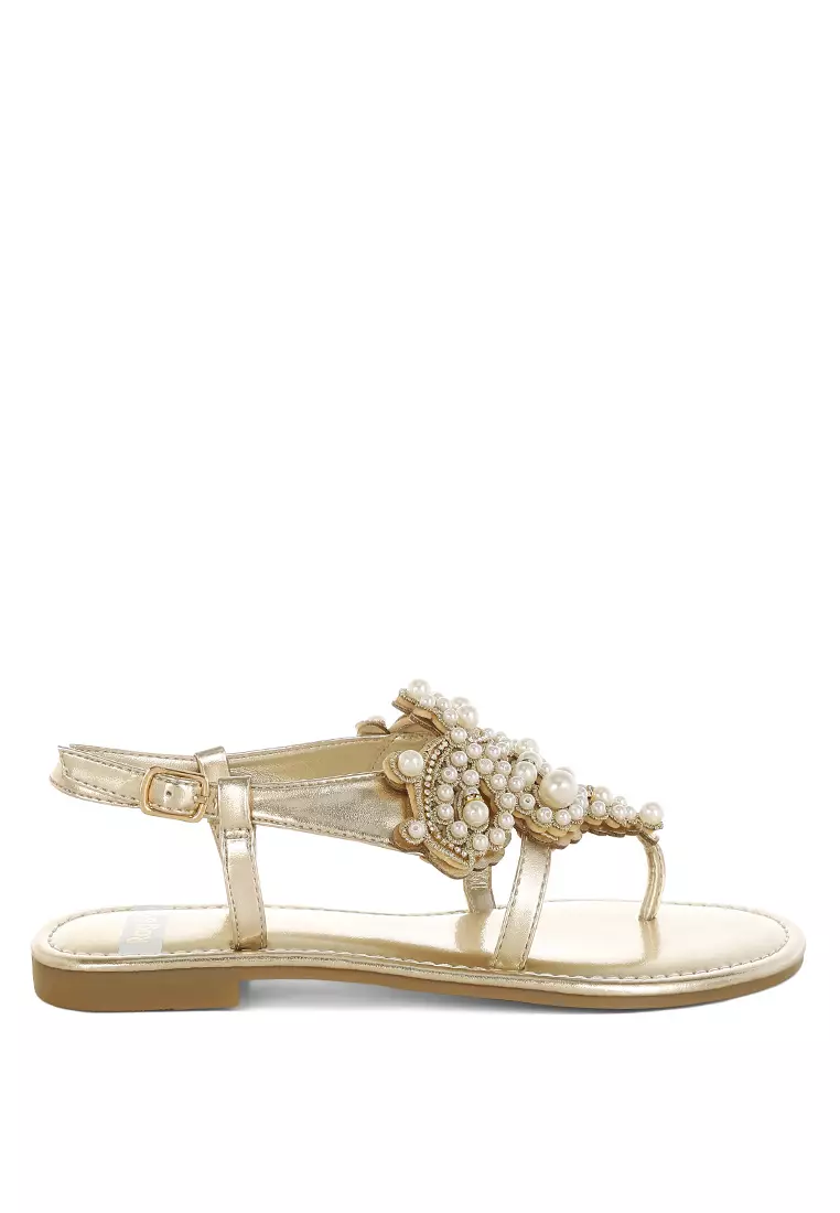 Discount on Rag & CO.  shoes - SKU: Metallic Pearl Embellished Flats in Gold