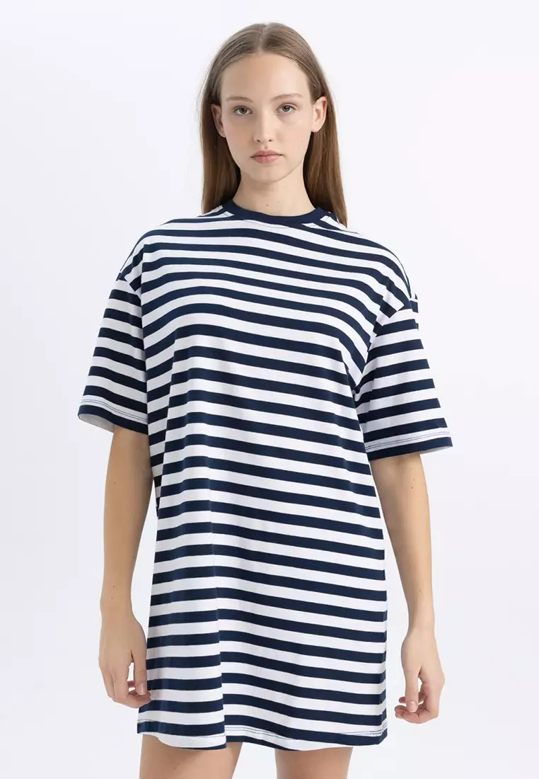 Jual DeFacto Cool Oversize Striped Combed Cotton Short Sleeve Mini