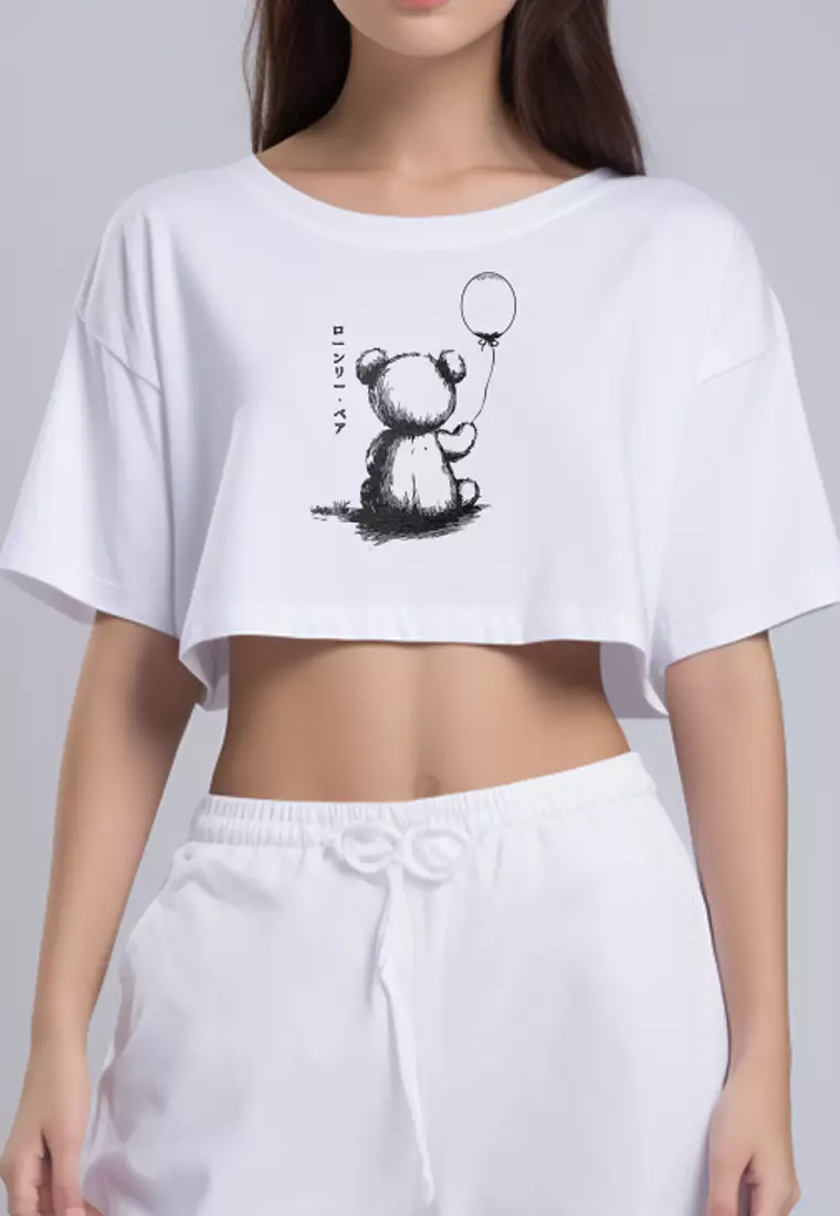 LTG94 Kaos Crop Wanita OLC teddy baloon putih