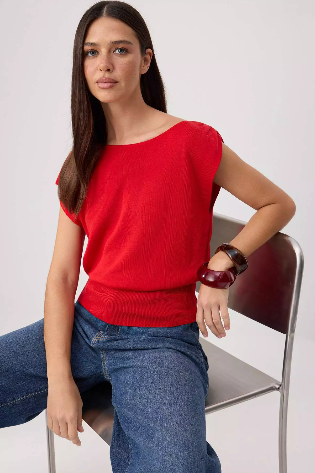 Red Summer Special Yarn Boat Neck Waist Fitted Knitwear Blouse Twoss26Bz00313
