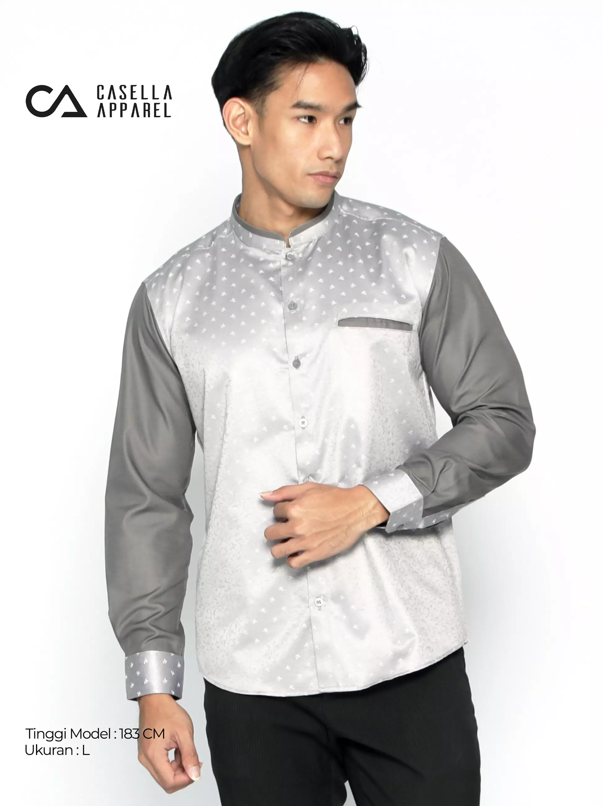Casella Baju Koko Pria Lengan Panjang Kombinasi Batik Jeddah Design 9925 Silver