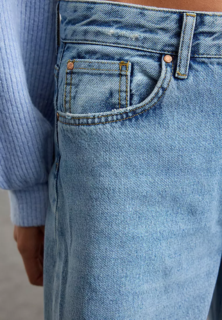 Light Blue Folded Leg Regular Waist Skater Baggy Jeans
