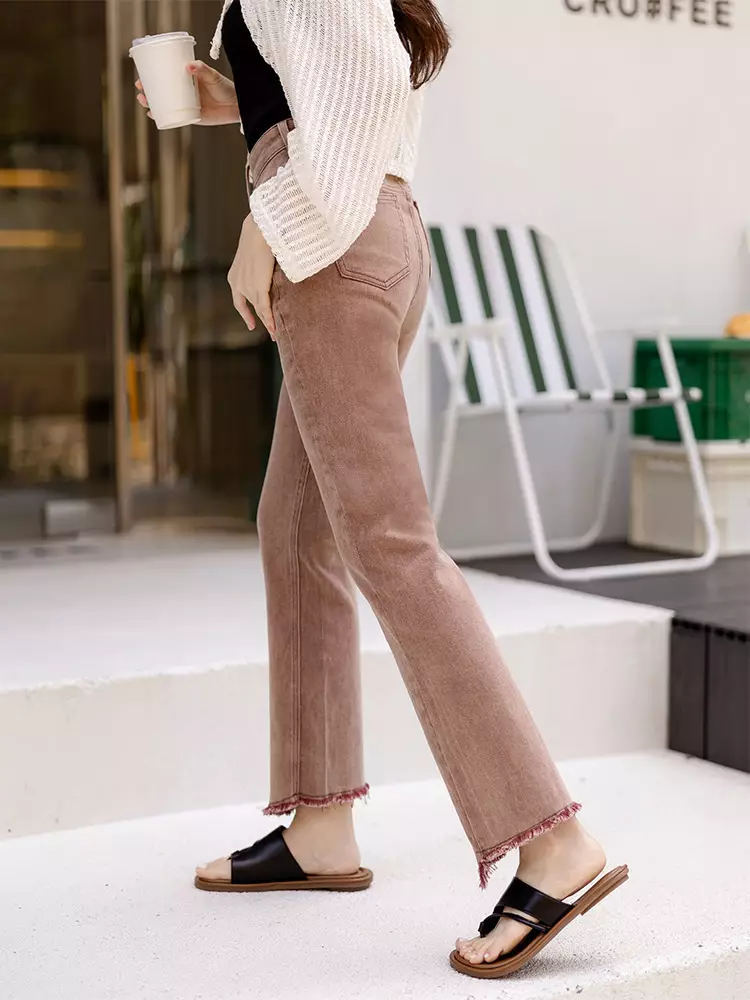 Distressed hem high-waisted stretch denim jeans [BA7502]