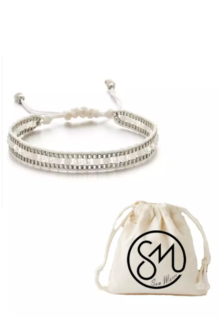 Aksesoris Gelang Wanita Crystals Beads Embellish Macrame Bracelet White