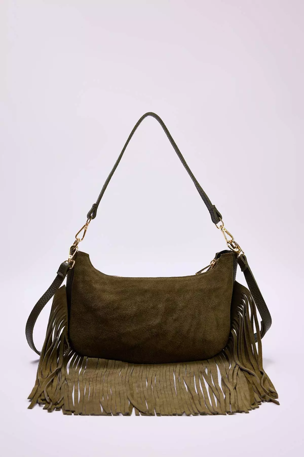 Khaki Tassel Detailed Premium Genuine Leather Women'S Shoulder Bag Takaw26Oc00044