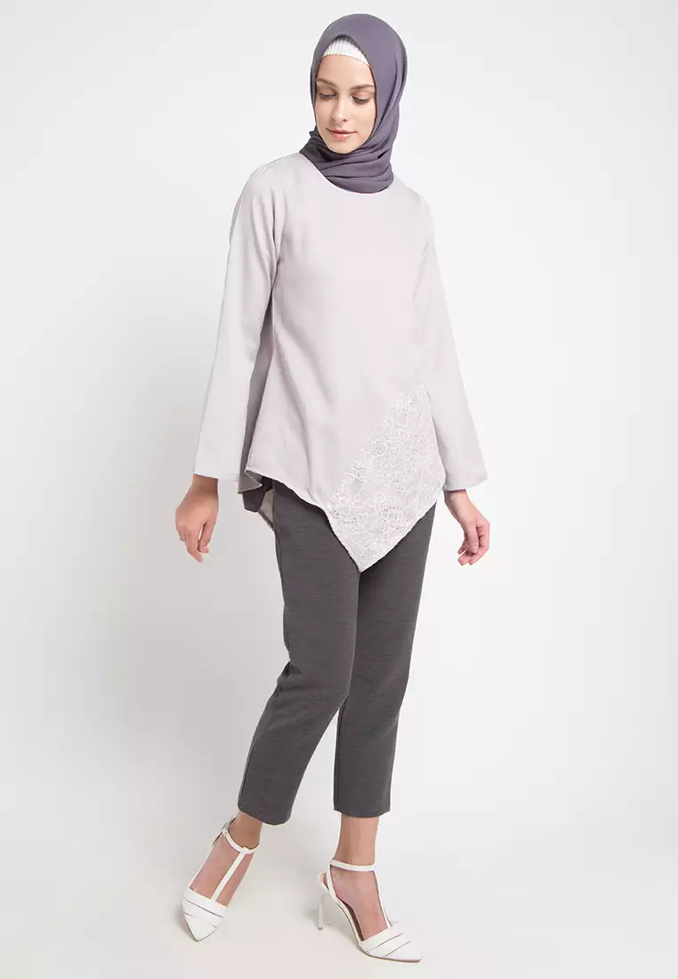 Avah Assymetrical Blouse With Grey Lace