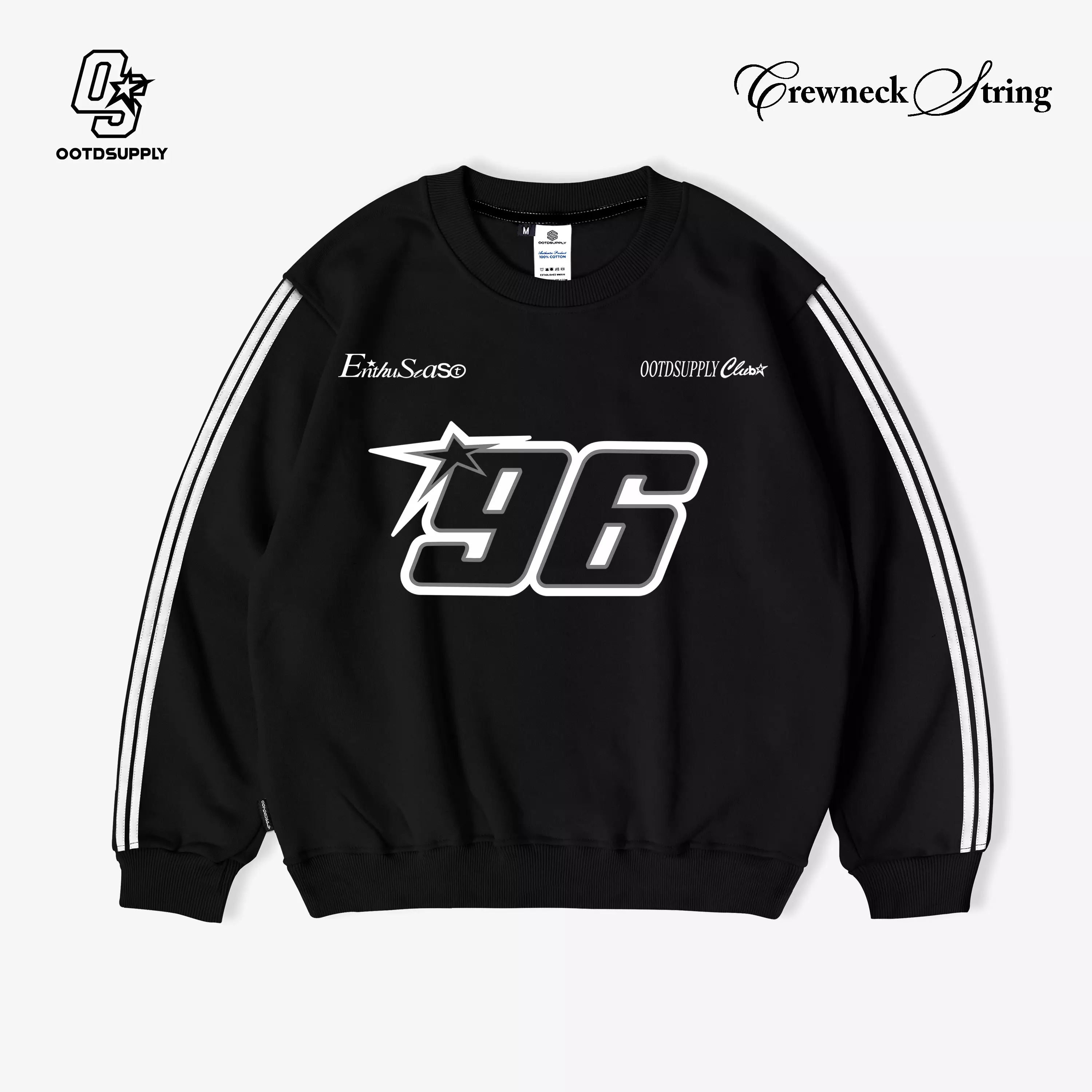 OOTDSUPPLY Crewneck Hustle 96 Strings Black | Sweater Pria & Wanita | CNSTRING003