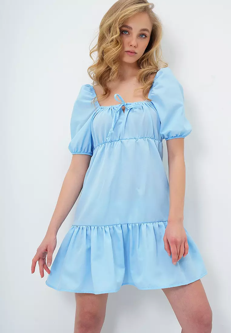 Women's Baby Blue Square Neck Balloon Sleeve Poplin Mini Dress Alc-X13594