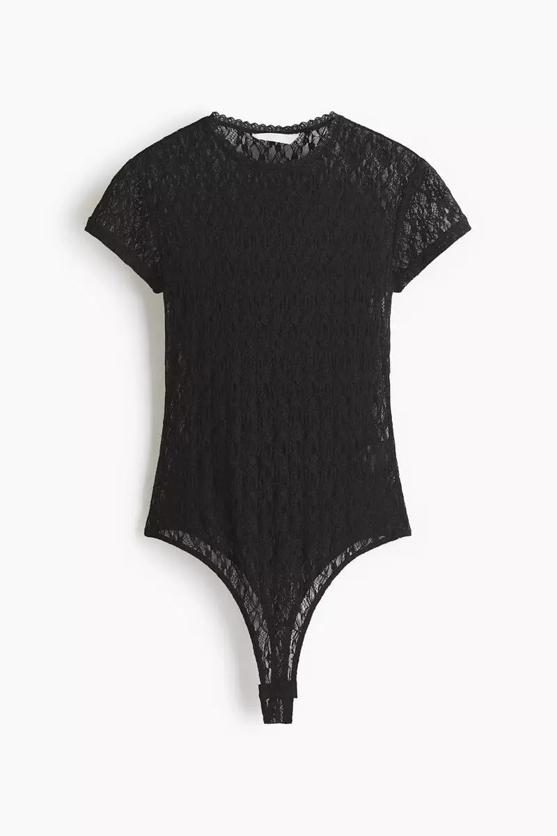 Lace-look jersey thong body