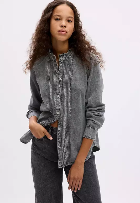 Jeweled Pintuck Denim Shirt With Washwell