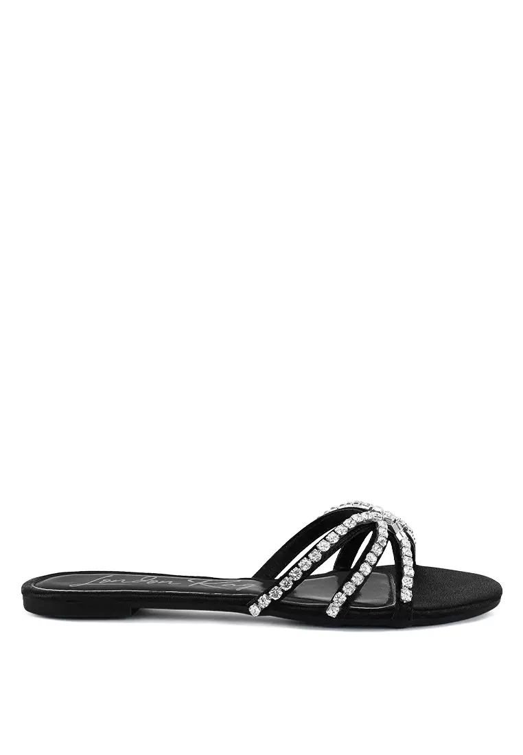 Black diamante 2024 flat sandals