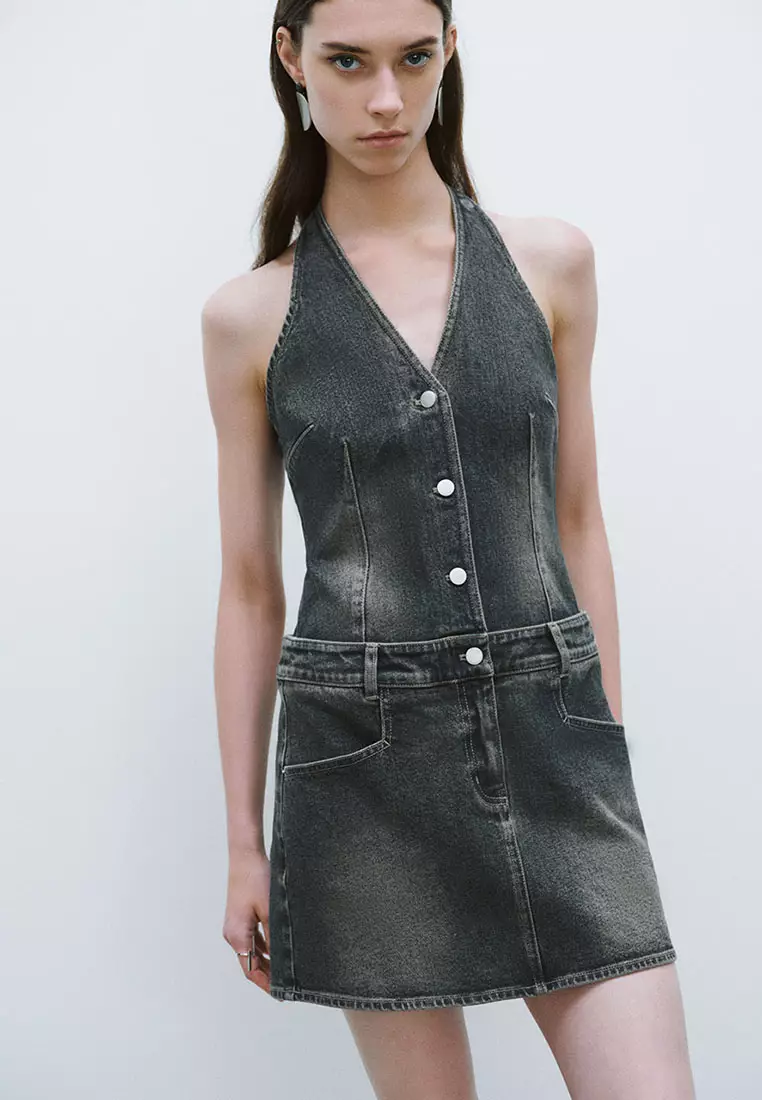 Sleeveless Halter Neck Denim Dress