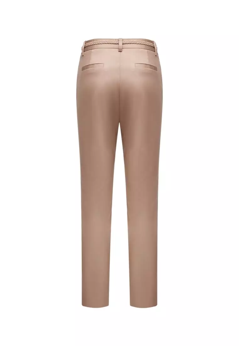 Cotton Blend Spandex Satin Ankle Skinny Pants With Belt