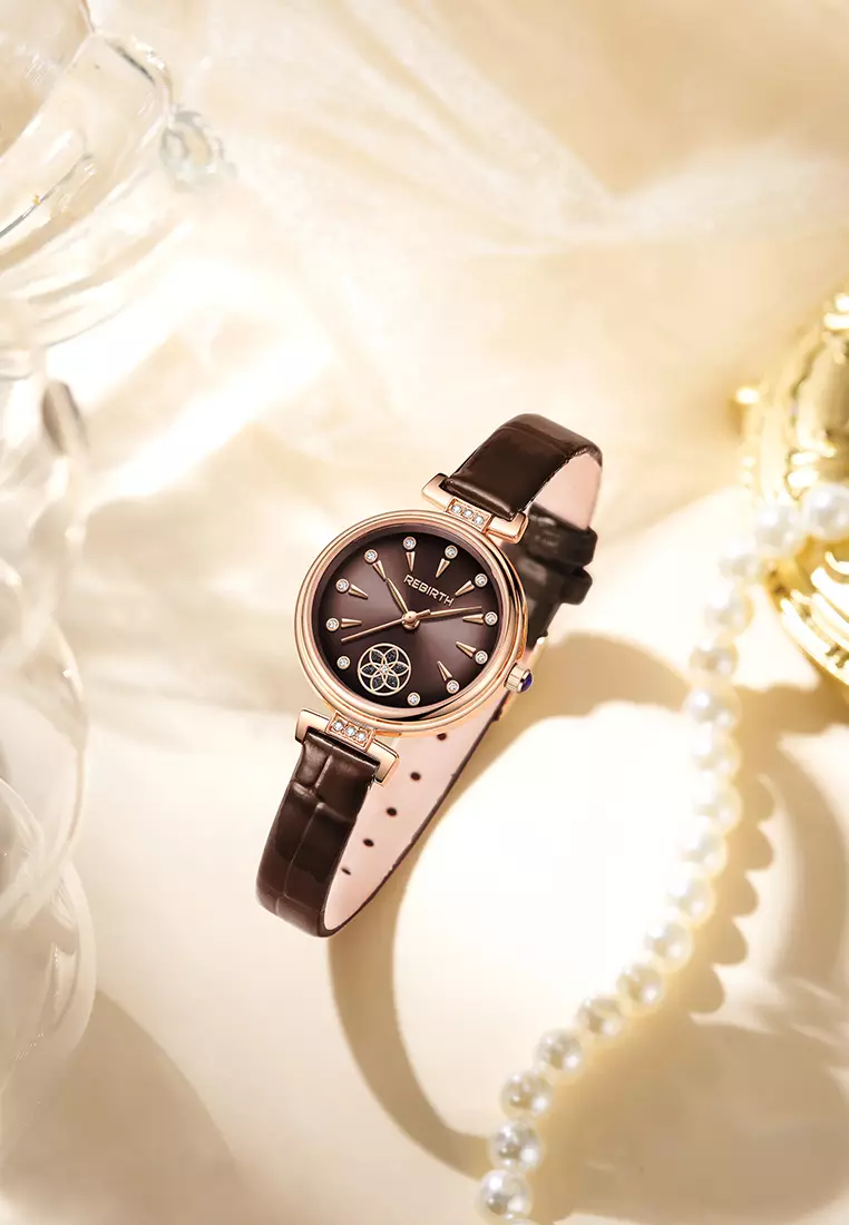 Jam Tangan Wanita Berlian Anggun Anti Air Kuarsa Tali Kulit Gaya Korea Jam Tangan Cewek warna cokelat