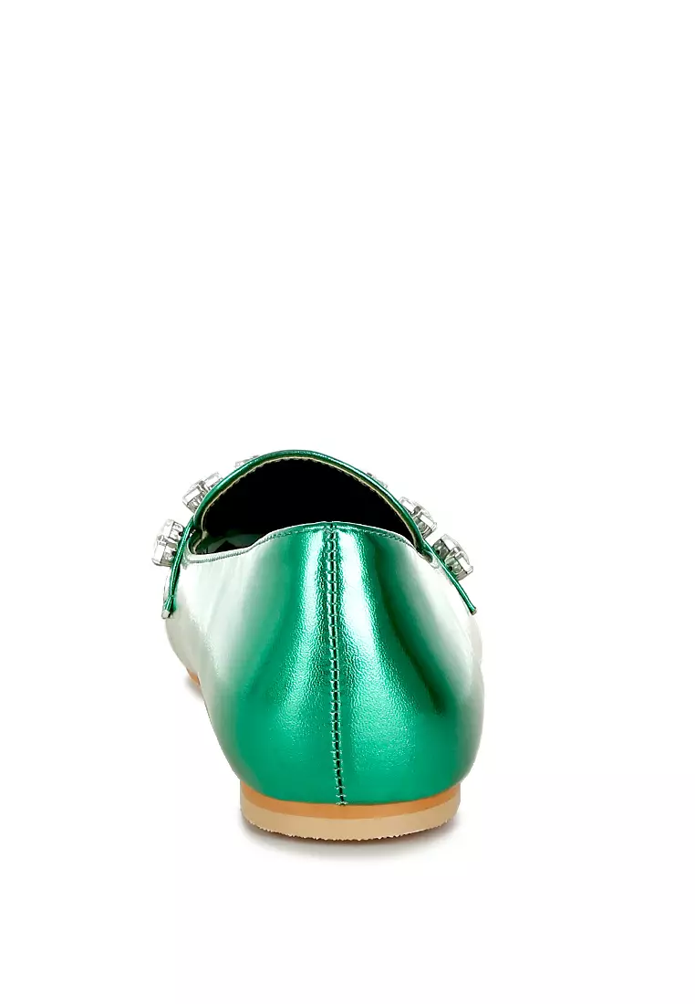Sepatu Loafer Tali Berlian Metalik Warna Hijau
