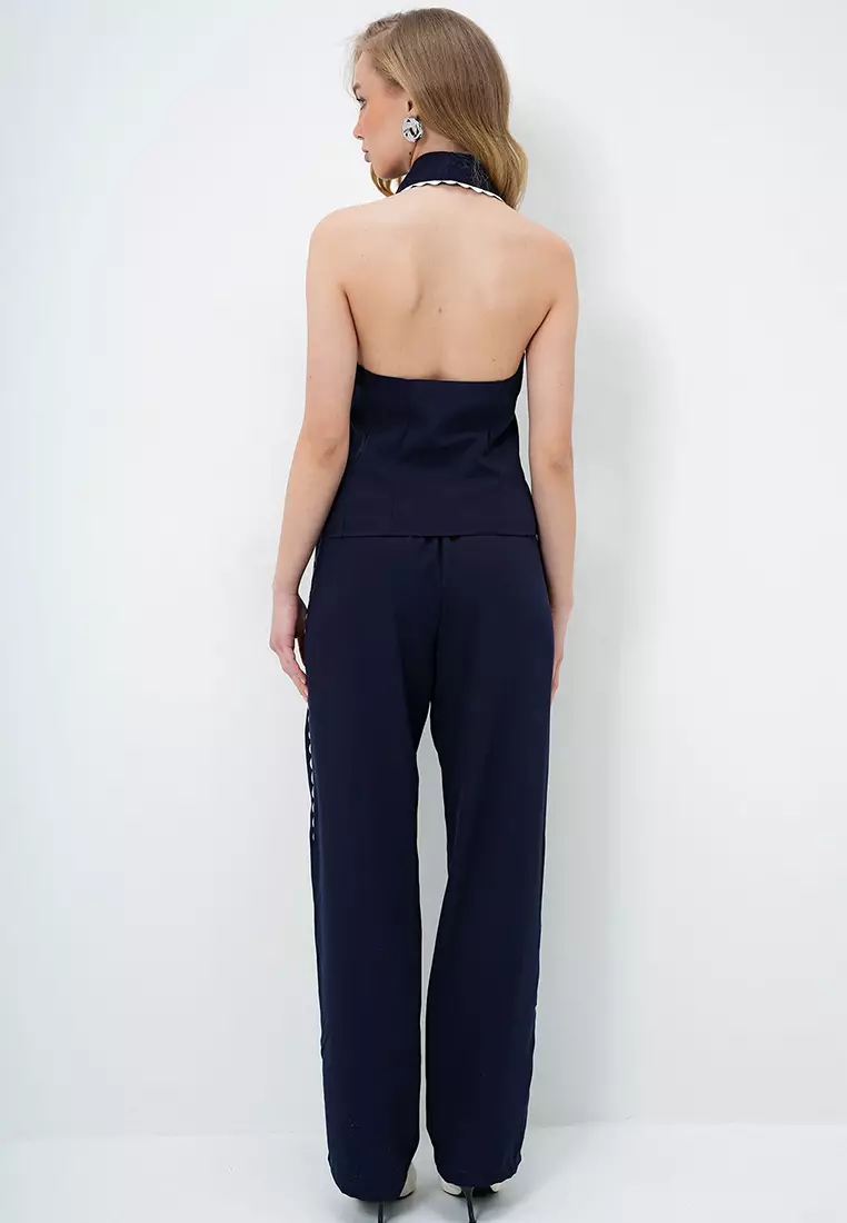 Buy Alacati Women's Navy Blue Scallop Ribbed Backless Woven Vest And ...