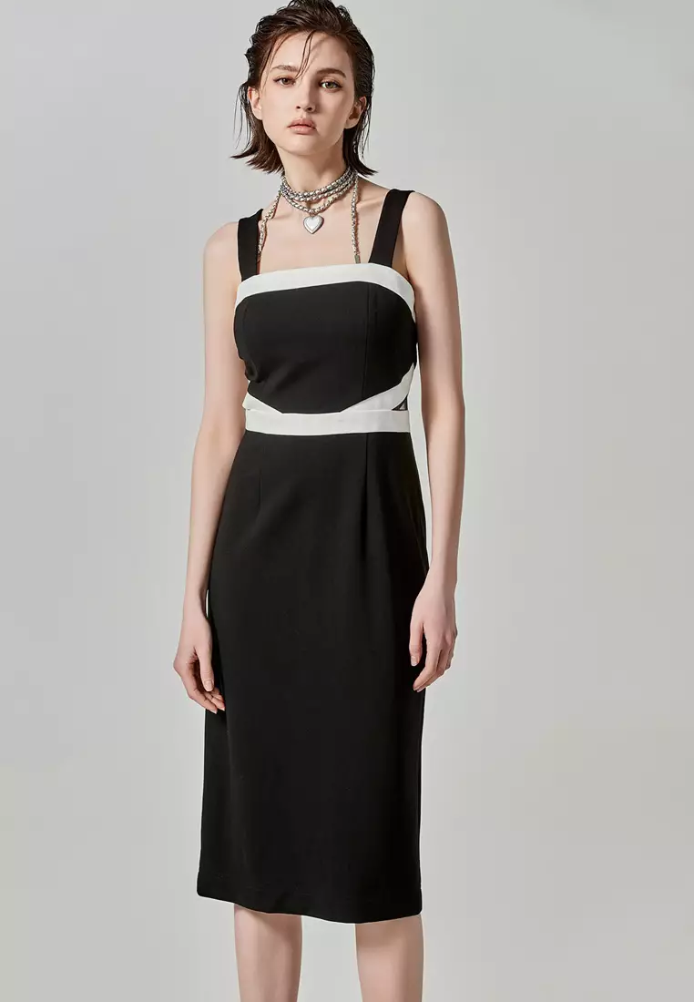 Midi Black Dress With Contrast White Trim