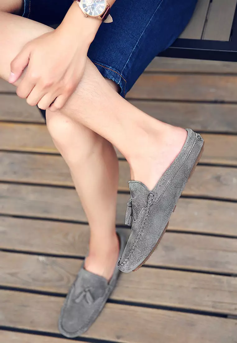 Ergonomic pigskin fringed half slippers