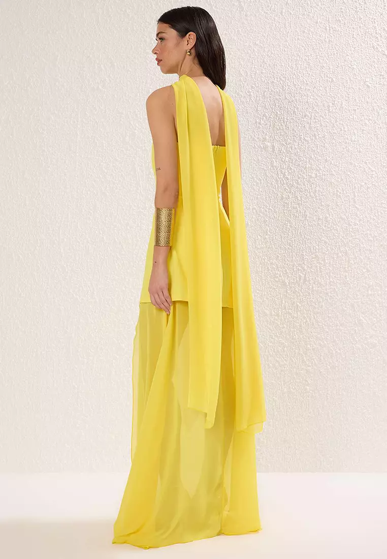 Vibrant Yellow Shawl Detail Maxi Evening Dress