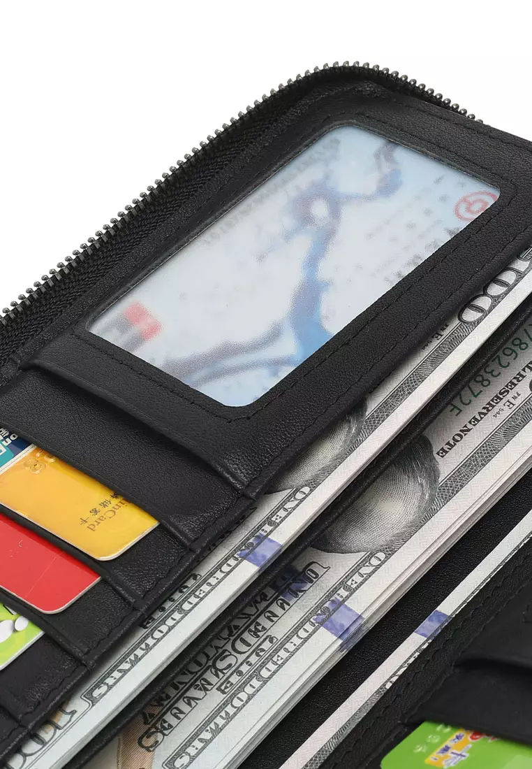 Men's Genuine Leather Zipper Long Wallet - Black