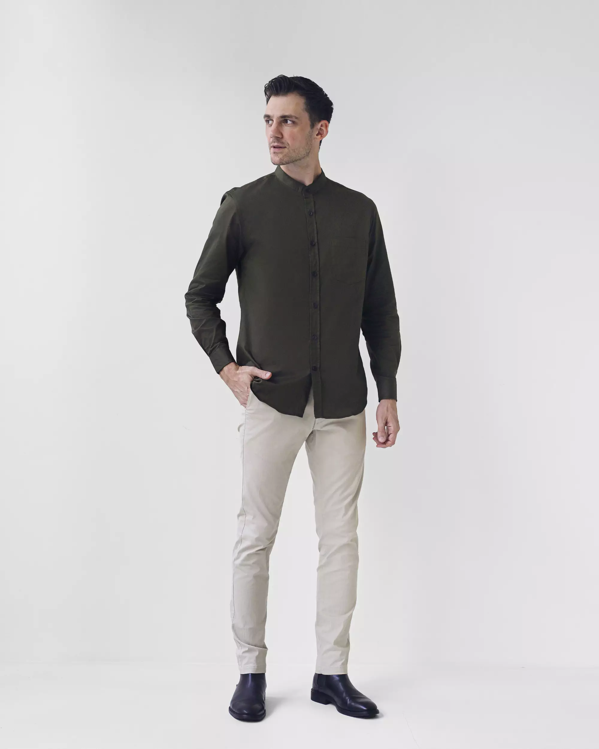 Cotton Well Badr Stand Collar Shirt Army | Kemeja Koko Lengan Panjang Hijau Olive