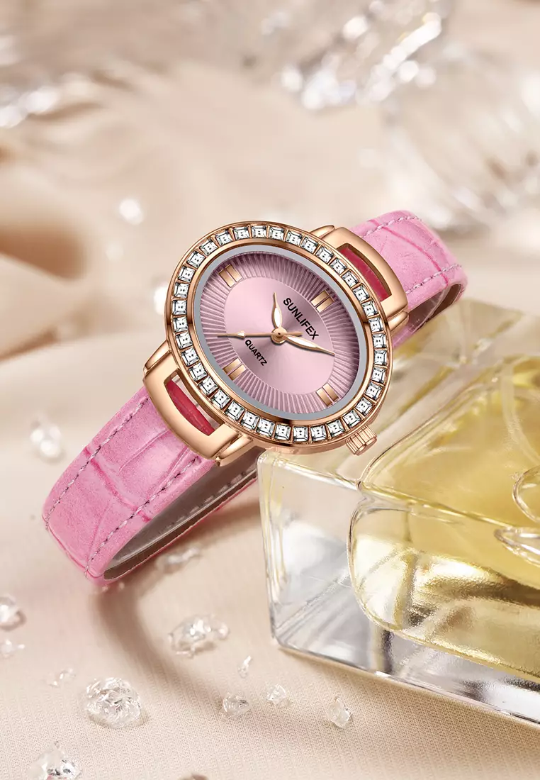 Jam Tangan Wanita Original Korea Kuarsa Antik Tali Kulit Kasual Oval Jam Tangan Cewek E052 pink