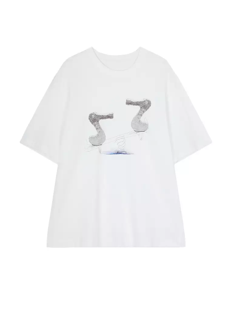 全棉圖案元素貼圖寬鬆短袖T恤