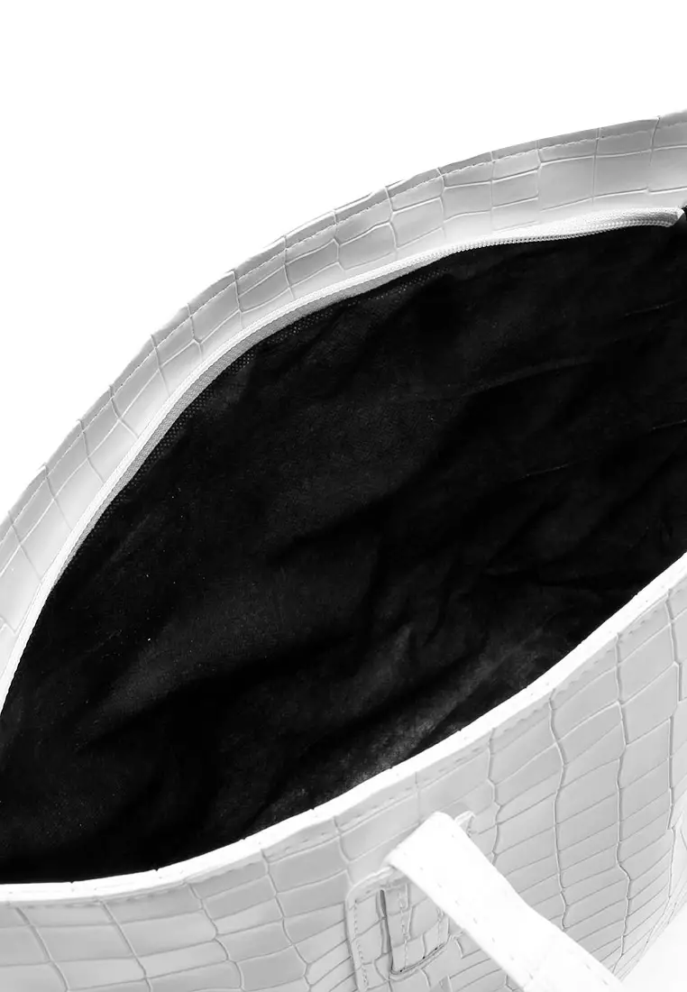 Vonica Tote Bag Motif Crocodile Tas Wanita Quality Premium - White