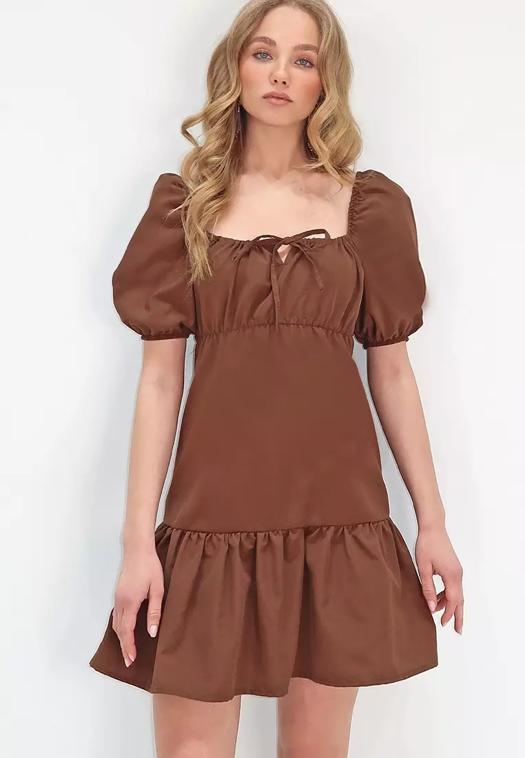 Women's Dark Brown Square Neck Balloon Sleeve Poplin Mini Dress Alc-X13594