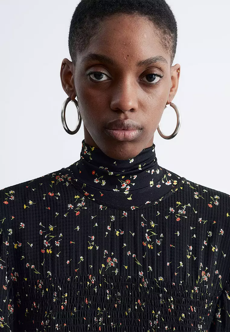 Smocked Balloon-Sleeve Midi Dress