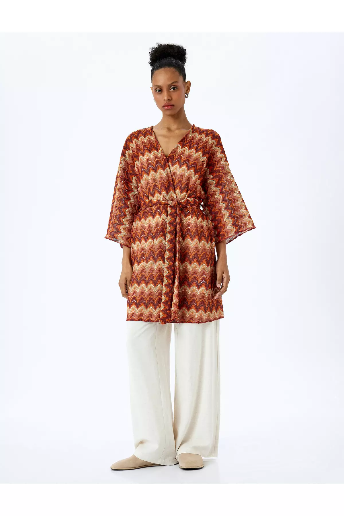 長袖闊袖綁帶印花長款和服