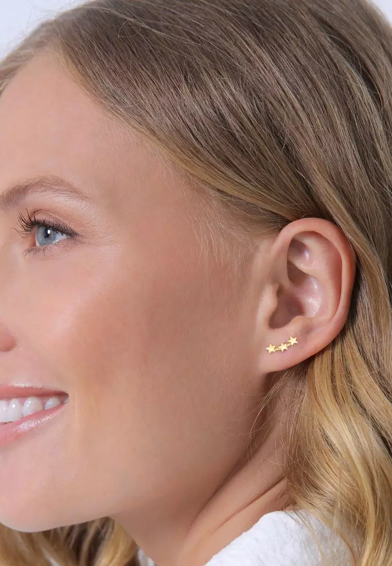 Anting Perhiasan Perak 925 Wanita Stud Crescent Moon Star Mix Gold Plated