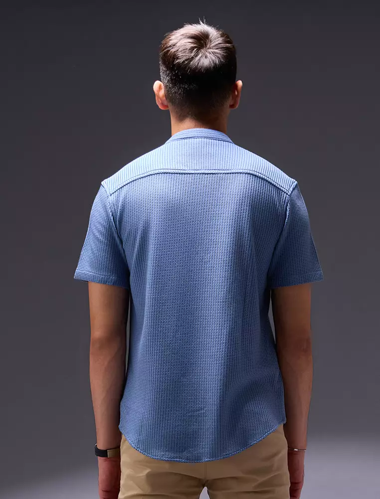 OXCON kemeja Tangan Pendek Waffle Kerah Collarless Denim Blue