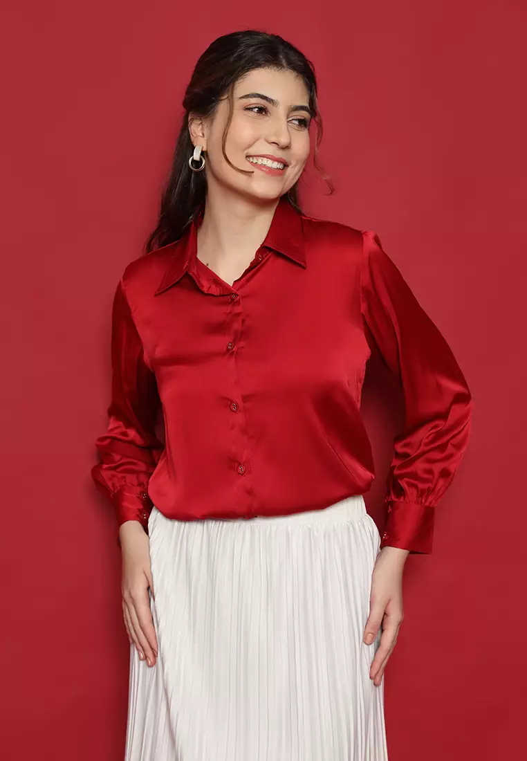 Satin Silk Shirt In Red By Brilliant Girl Warna MERAH