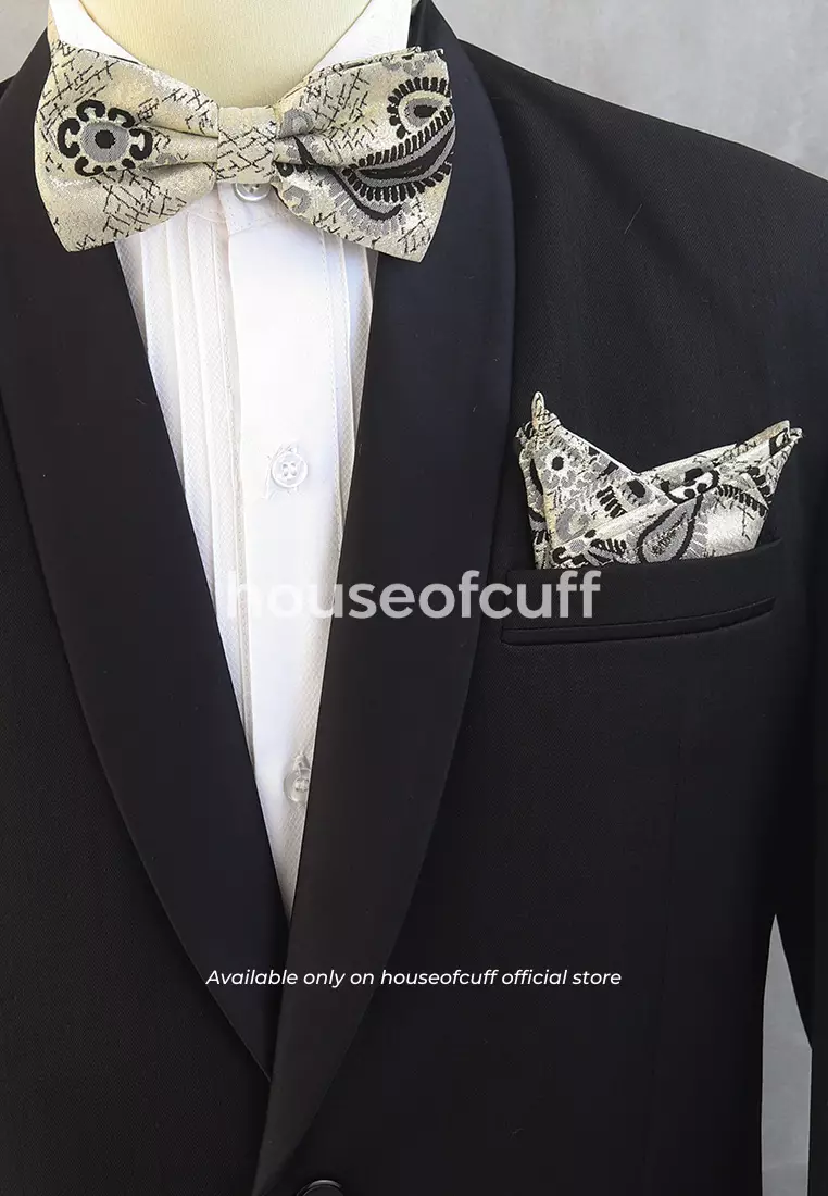 Houseofcuff dasi kupu pria bowtie pocket square jacquard cream muda motif batik