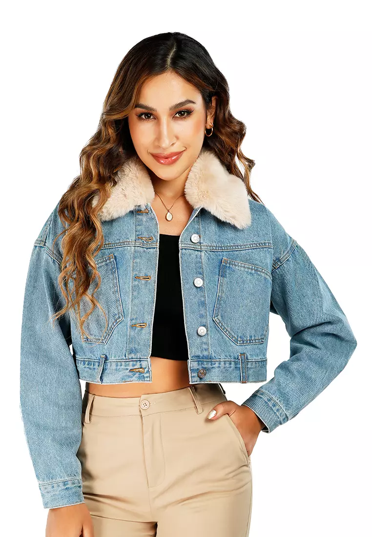 Mid Blue Faux Fur Collar Denim Jacket