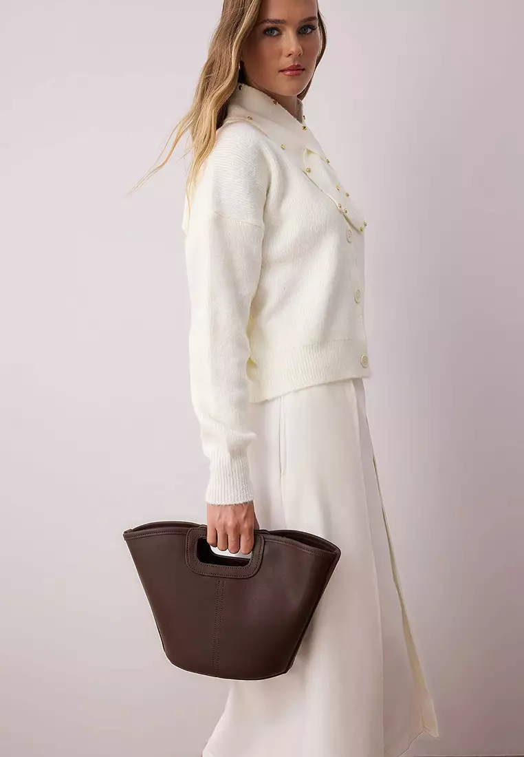 Brown Stitching Detailed Dual-Use Bucket Hand And Shoulder Bag Takaw26Oc00001