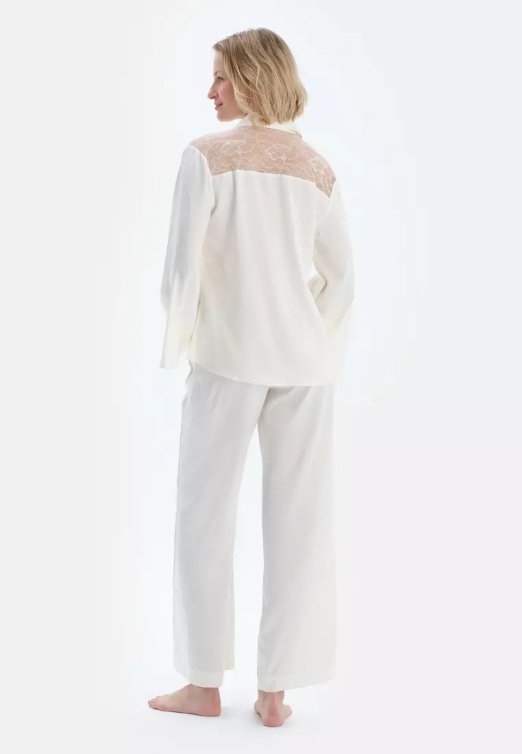 Off White Shirt, Shirt Collar, Regular, Long Sleeve Sleepwear for Women