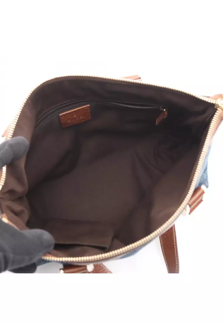Pre-Loved Gucci Abby Interlocking G Handbag tote bag denim leather Navy Brown